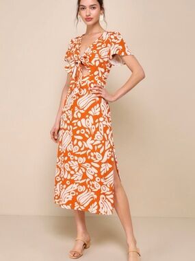 Lulu's Orange & White Tie-Front Floral Midi Dress